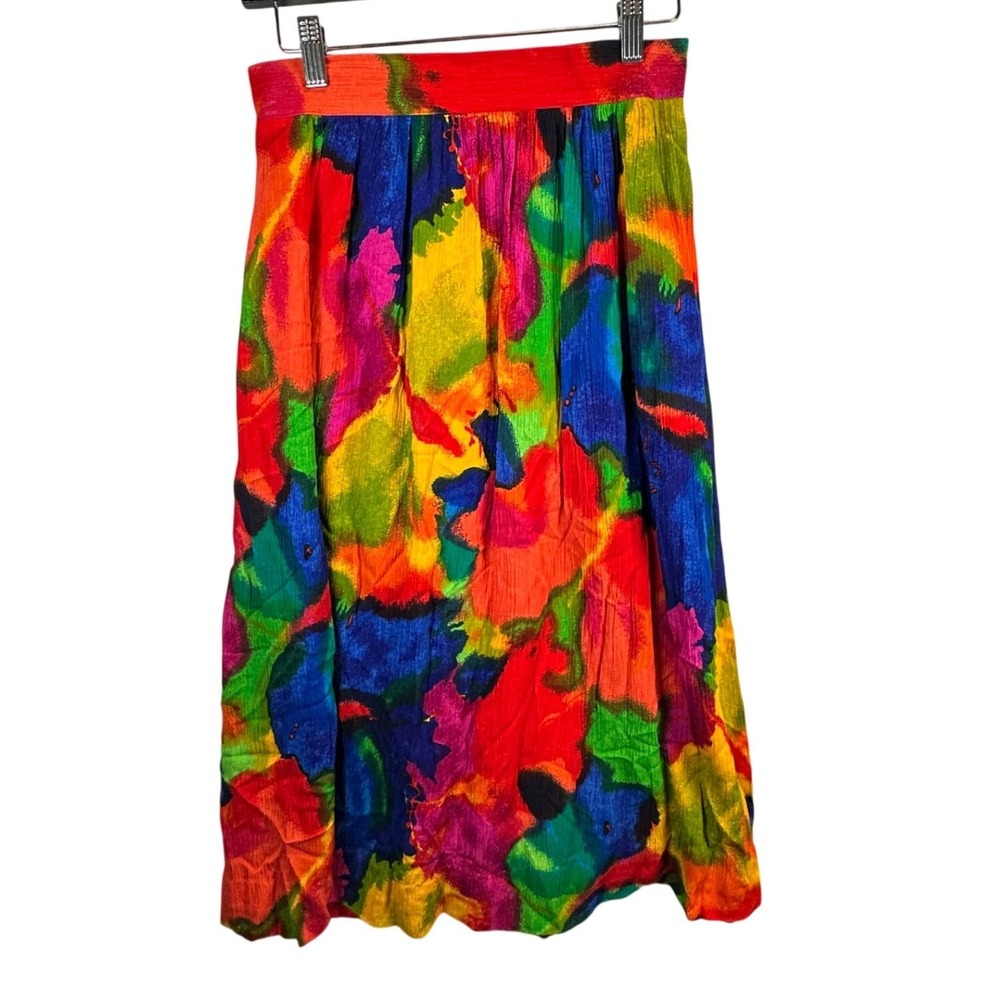 Ali Miles Vintage Abstract Watercolor Midi Skirt Multicolor Rayon Rainbow